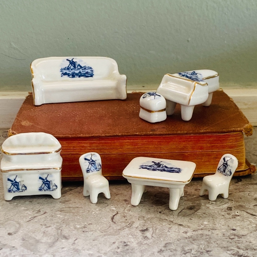 Porcelain Miniature Furniture Set with Blue and Gold Accents